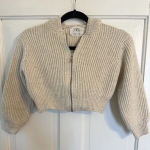 Zara Kids Oat Colored Hooded Ribbed Knit Cardigan